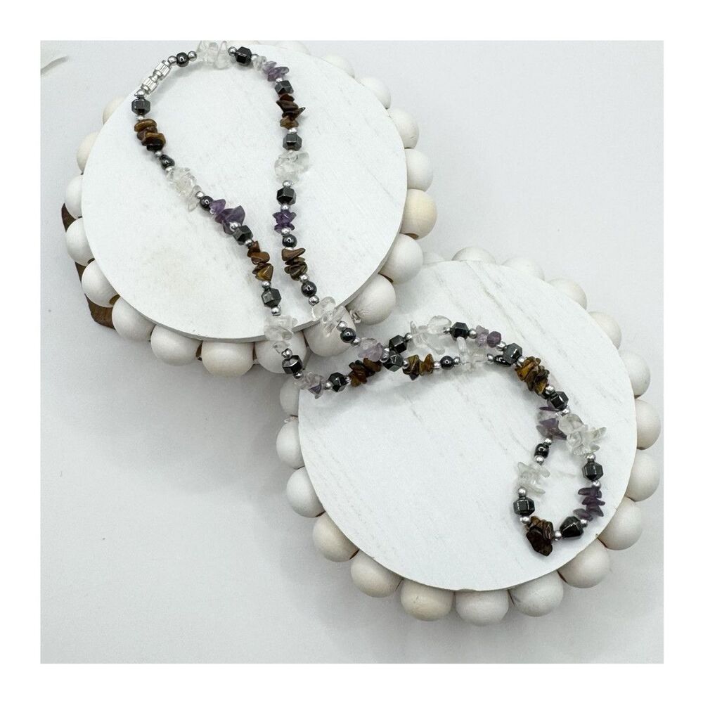 Genuine Natural Stone Chip Bead Tigers Eye Amethyst Necklace 19” Unisex Vintage